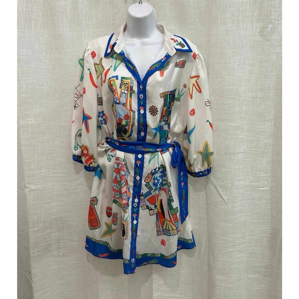 Boho Graphic Art Shirt Dress Multi Color, Women’s Lg, Button down Self Tie Belt